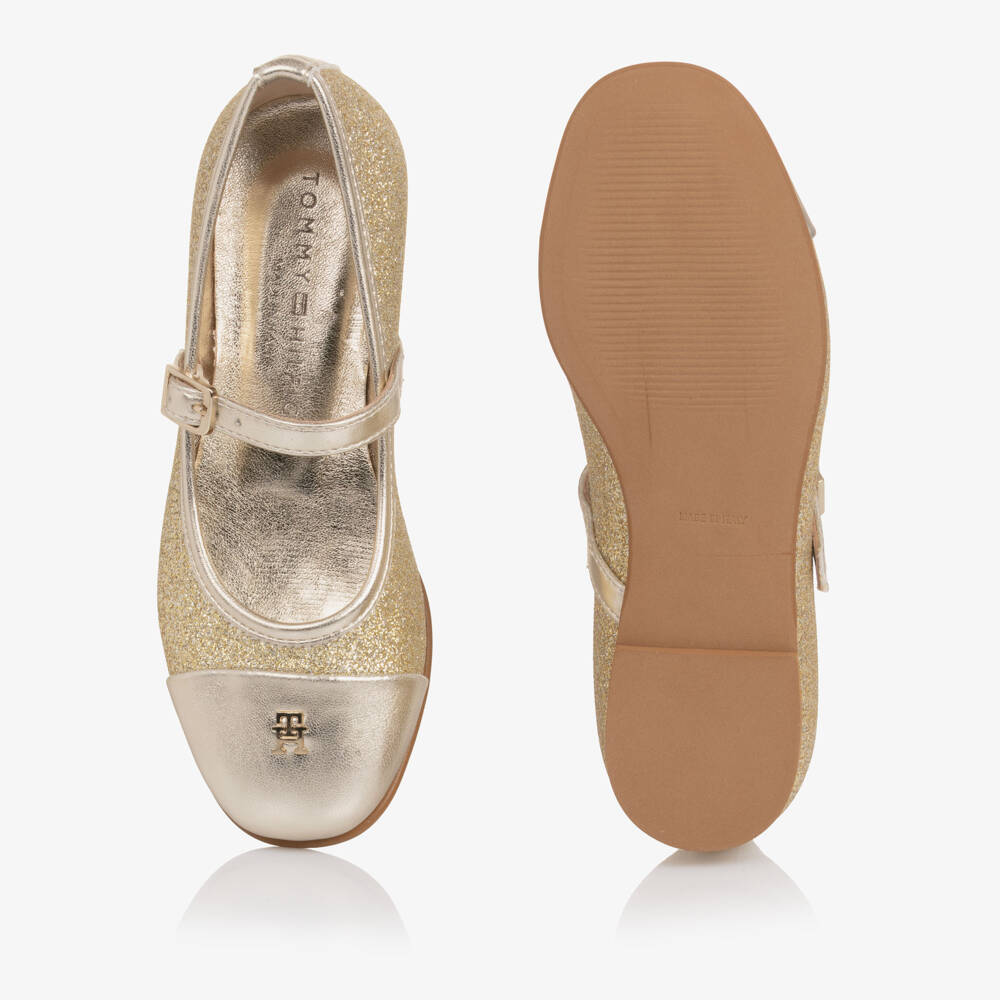 Tommy Hilfiger-Girls Glittery Gold Faux Leather Pumps with TH Monogram Logo | Childrensalon Outlet