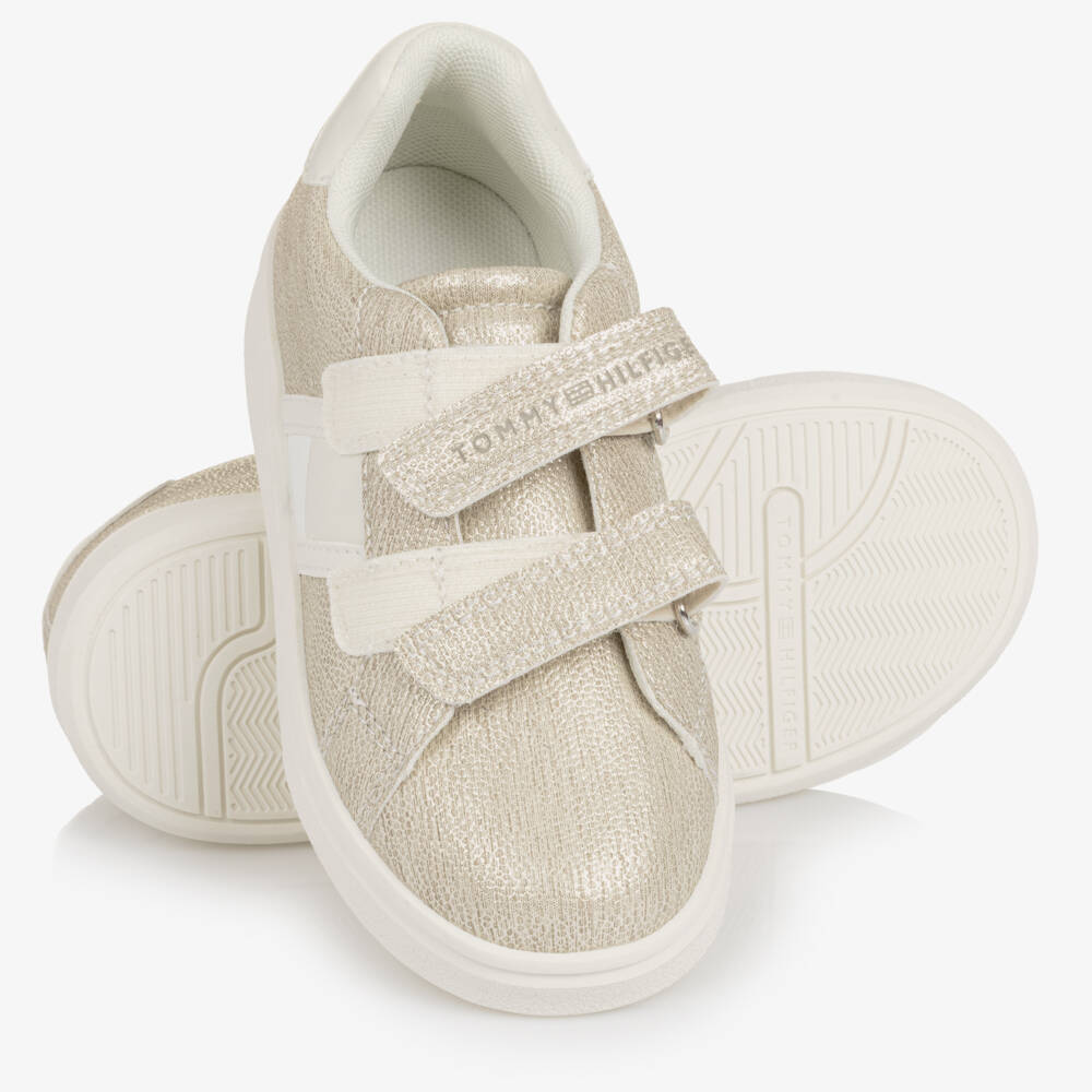 Tommy Hilfiger-Girls Glittery Gold Faux Leather Trainers | Childrensalon Outlet