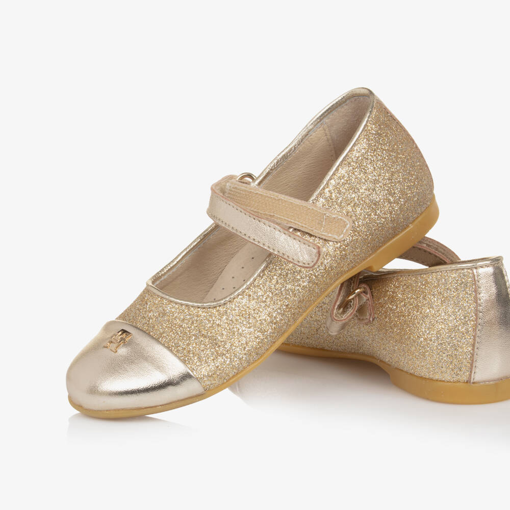 Tommy Hilfiger-Girls Glittery Gold Leather Shoes | Childrensalon Outlet