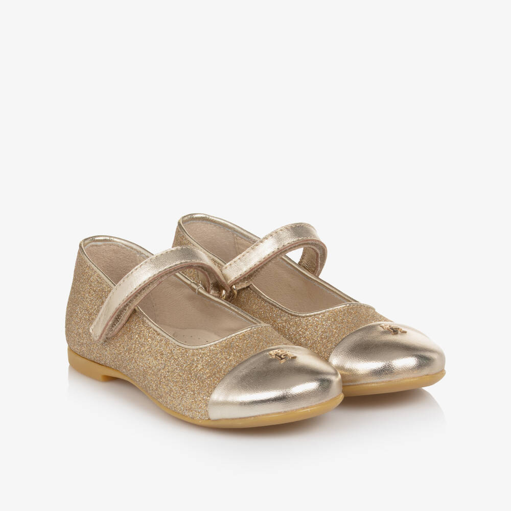 Tommy Hilfiger-Girls Glittery Gold Leather Shoes | Childrensalon Outlet