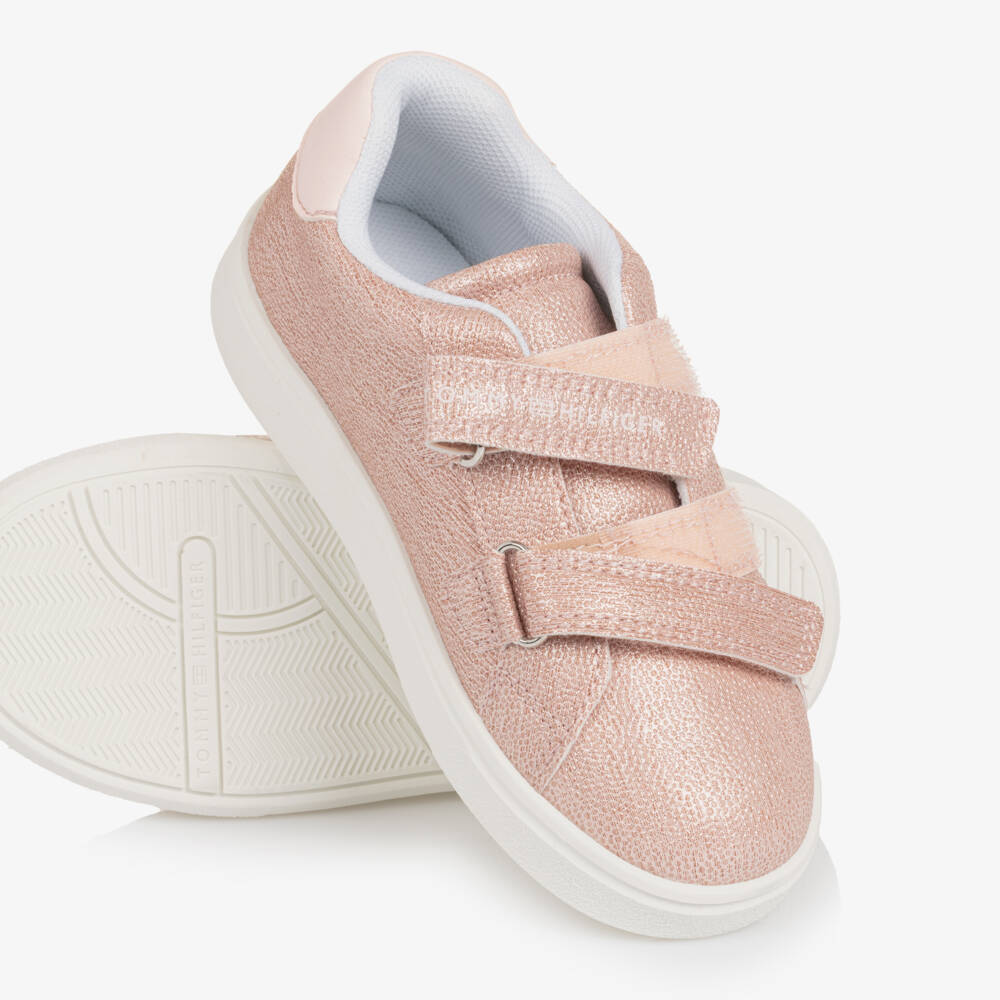 Tommy Hilfiger-Girls Glittery Pink Faux Leather Trainers | Childrensalon Outlet