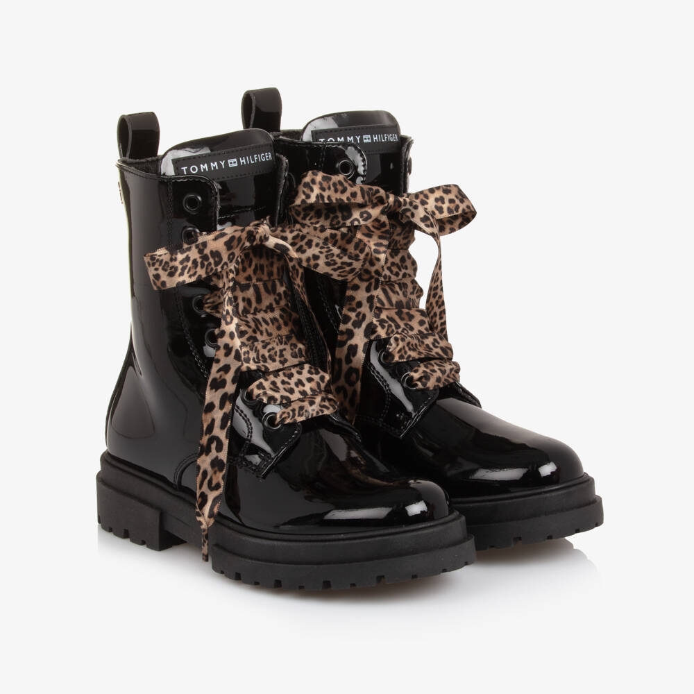 Tommy Hilfiger-أحذية بنات سوداء لامعة بنقشة الفهد | Childrensalon Outlet