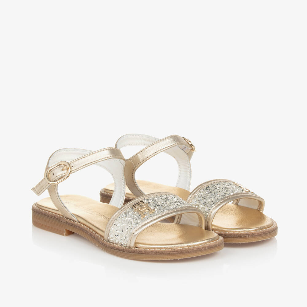 Tommy Hilfiger-Girls Gold Glitter Leather Sandals | Childrensalon Outlet
