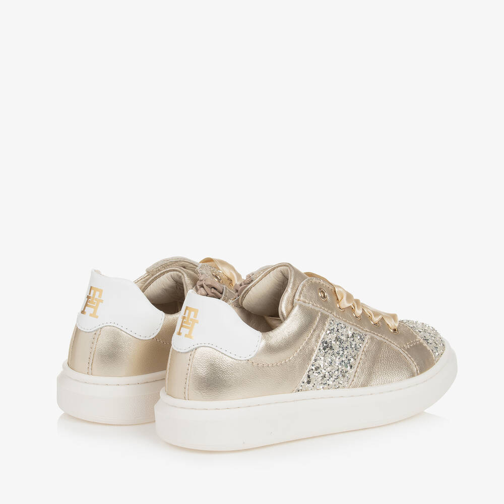 Tommy Hilfiger-Girls Gold Glitter & Leather Trainers | Childrensalon Outlet