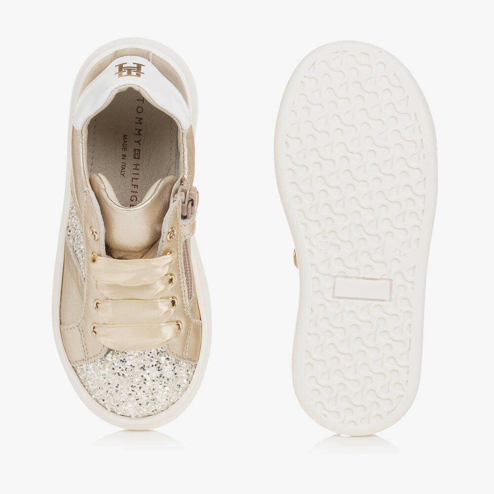 Tommy Hilfiger-Girls Gold Glitter & Leather Trainers | Childrensalon Outlet