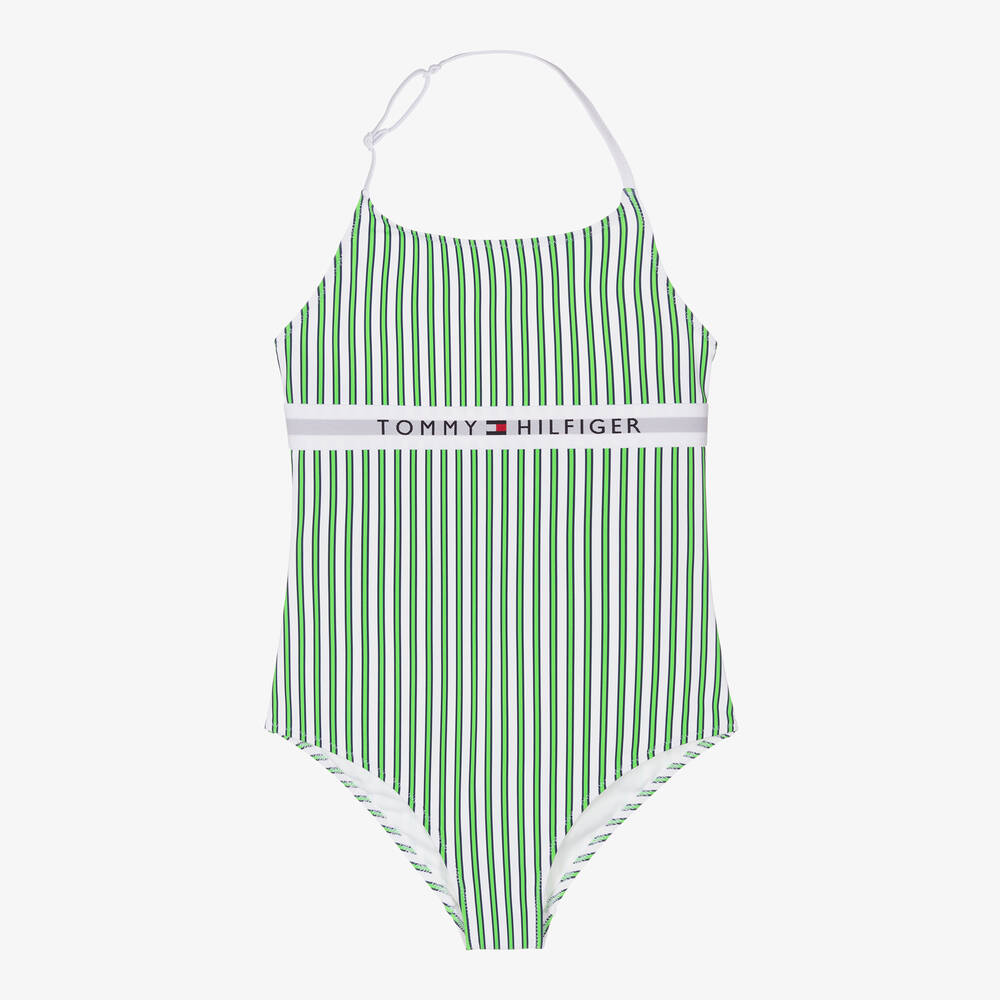 Tommy Hilfiger - Girls Green Striped Flag Logo Swimsuit | Childrensalon