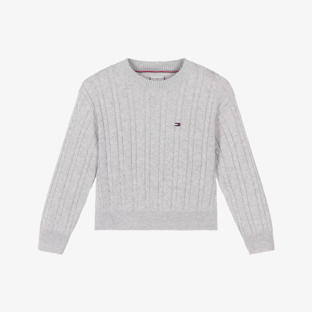 Tommy Hilfiger-Girls Grey Cotton Cable Knit Sweater | Childrensalon Outlet