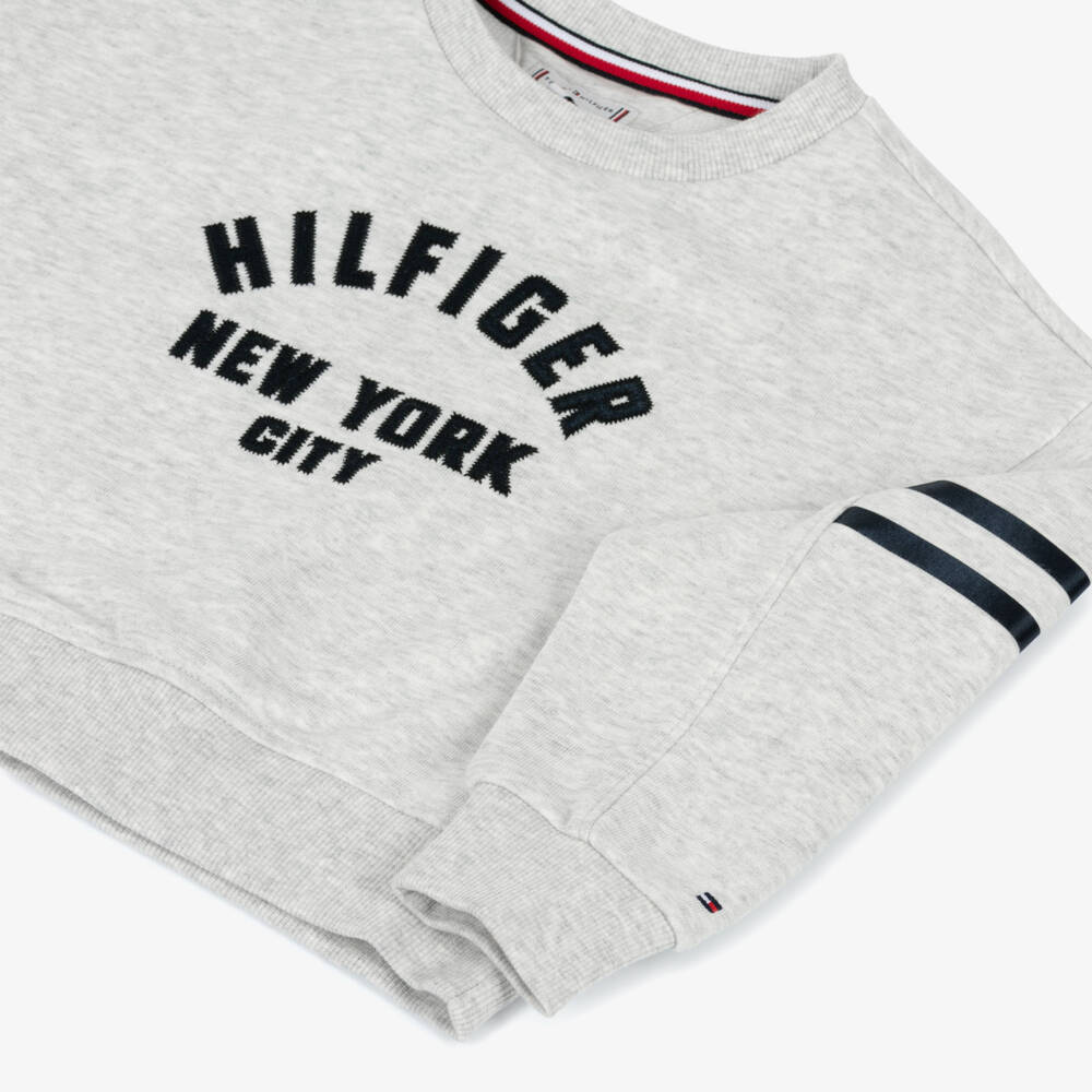 Tommy Hilfiger-Girls Grey Marl Cotton Sweatshirt with Varsity Logo | Childrensalon Outlet