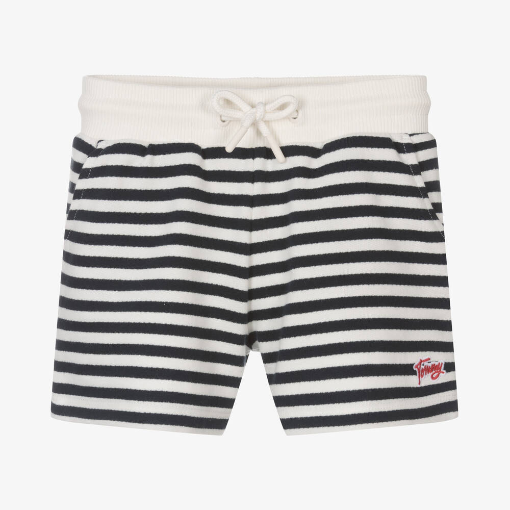 Tommy Hilfiger - Girls Ivory & Blue Stripe Cotton Shorts | Childrensalon