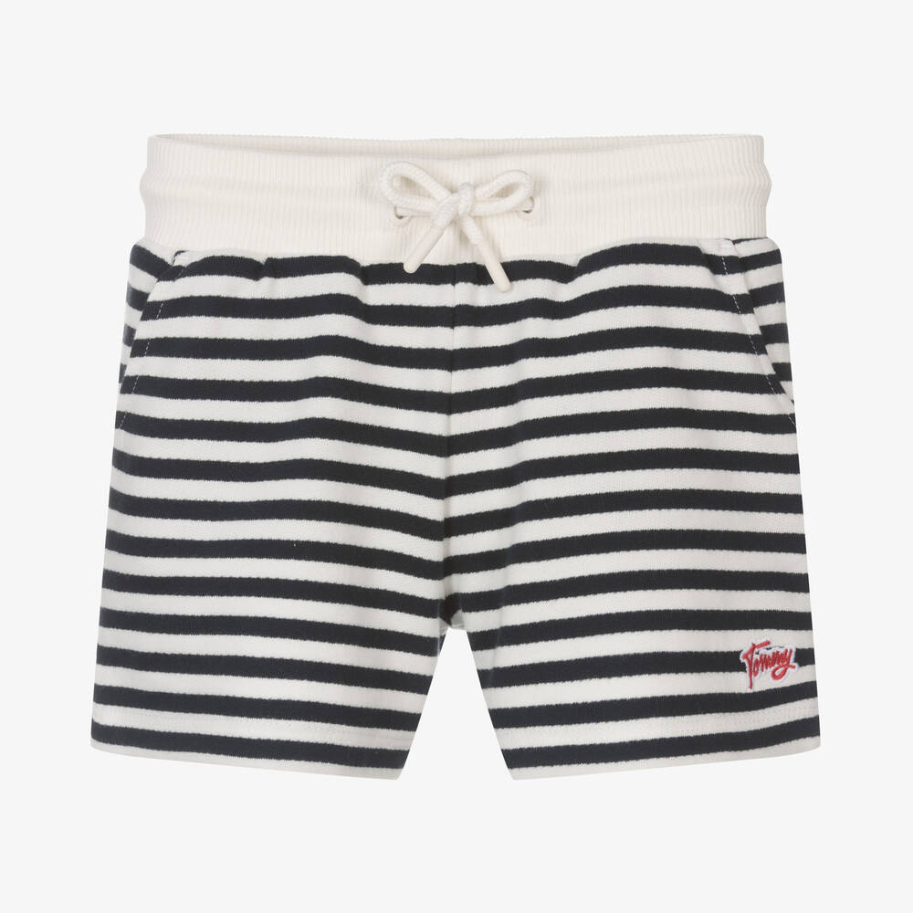 Tommy Hilfiger - Girls Ivory & Blue Stripe Cotton Shorts | Childrensalon