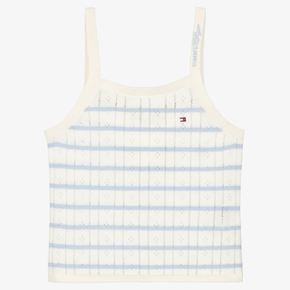 Tommy Hilfiger-Girls Ivory & Blue Stripe Pointelle Cotton Jersey Top | Childrensalon Outlet