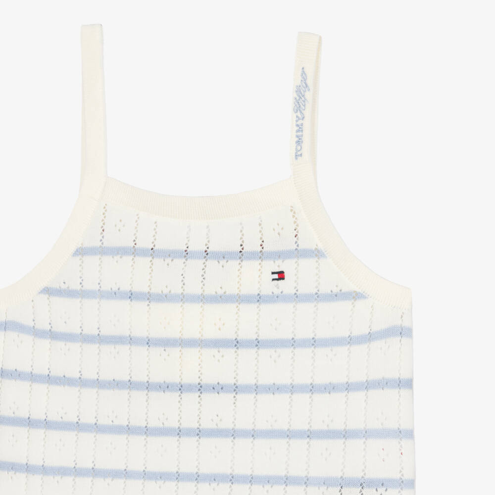 Tommy Hilfiger-Girls Ivory & Blue Stripe Pointelle Cotton Jersey Top | Childrensalon Outlet