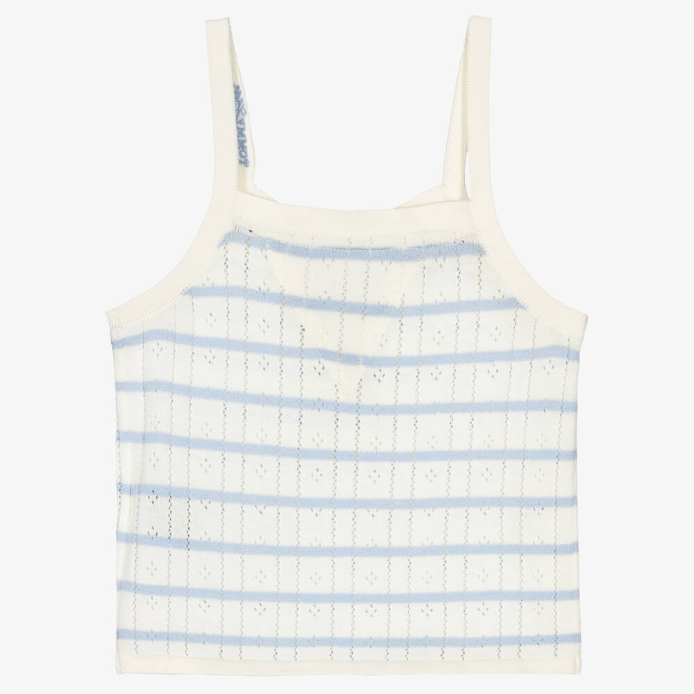 Tommy Hilfiger-Girls Ivory & Blue Stripe Pointelle Cotton Jersey Top | Childrensalon Outlet