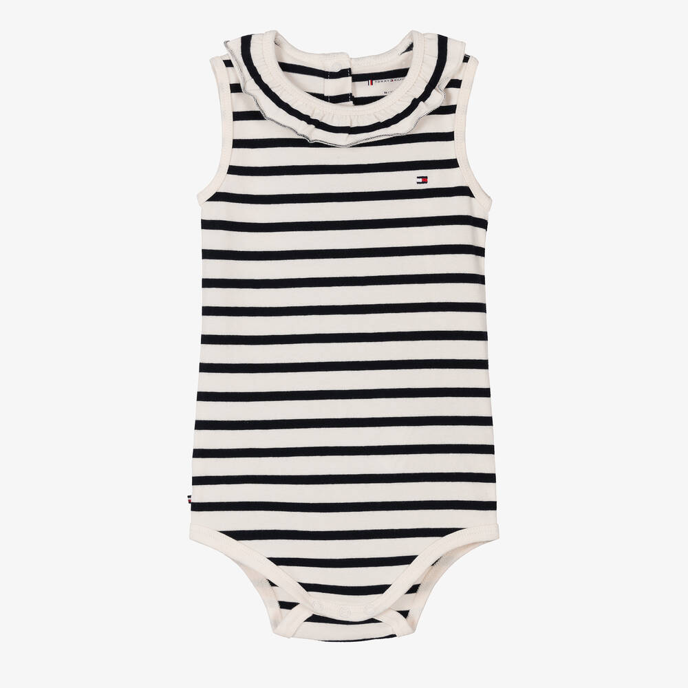 Tommy Hilfiger-Girls Ivory & Blue Striped Cotton Bodysuit | Childrensalon Outlet