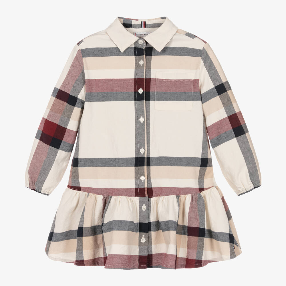 Tommy Hilfiger - فستان قميص قطن أكسفورد كاروهات لون عاجي | Childrensalon