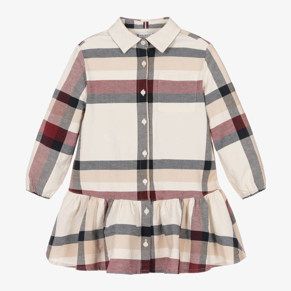 Tommy Hilfiger - Girls Ivory Checked Cotton Shirt Dress | Childrensalon