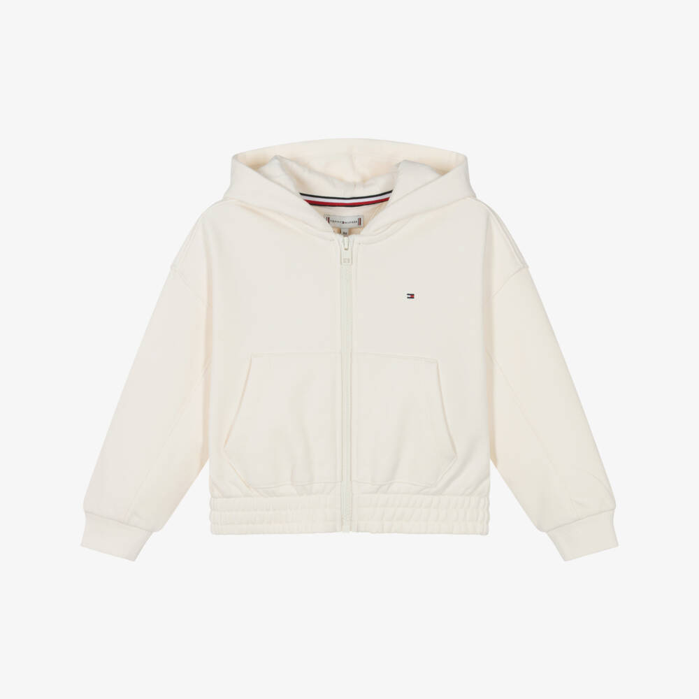 Tommy Hilfiger-هودي قطني نقي عاجي للبنات بسحاب | Childrensalon Outlet