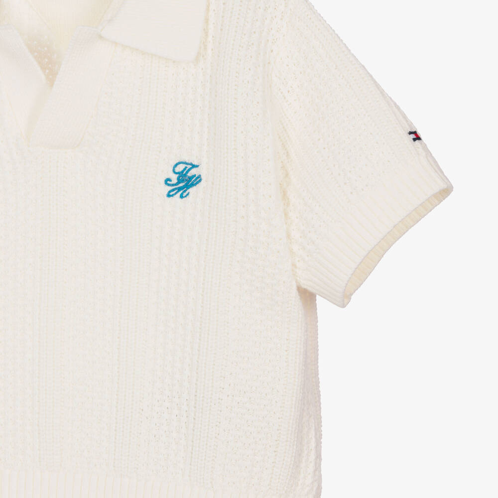 Tommy Hilfiger-Girls Ivory Crochet Knit Polo Top | Childrensalon Outlet