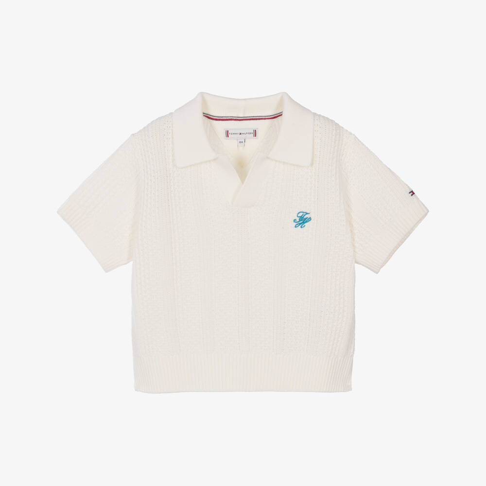 Tommy Hilfiger-Girls Ivory Crochet Knit Polo Top | Childrensalon Outlet