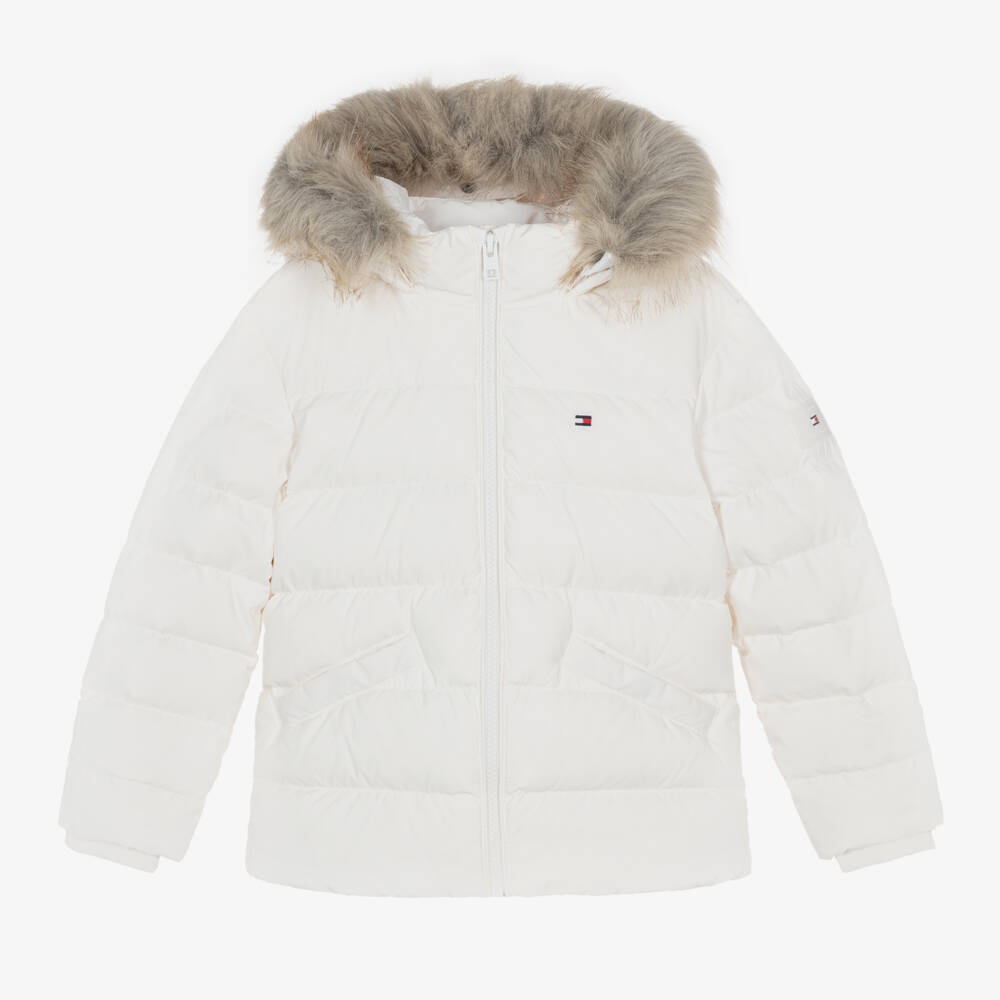Tommy Hilfiger-Girls Ivory Fur Trim Puffer Coat | Childrensalon Outlet
