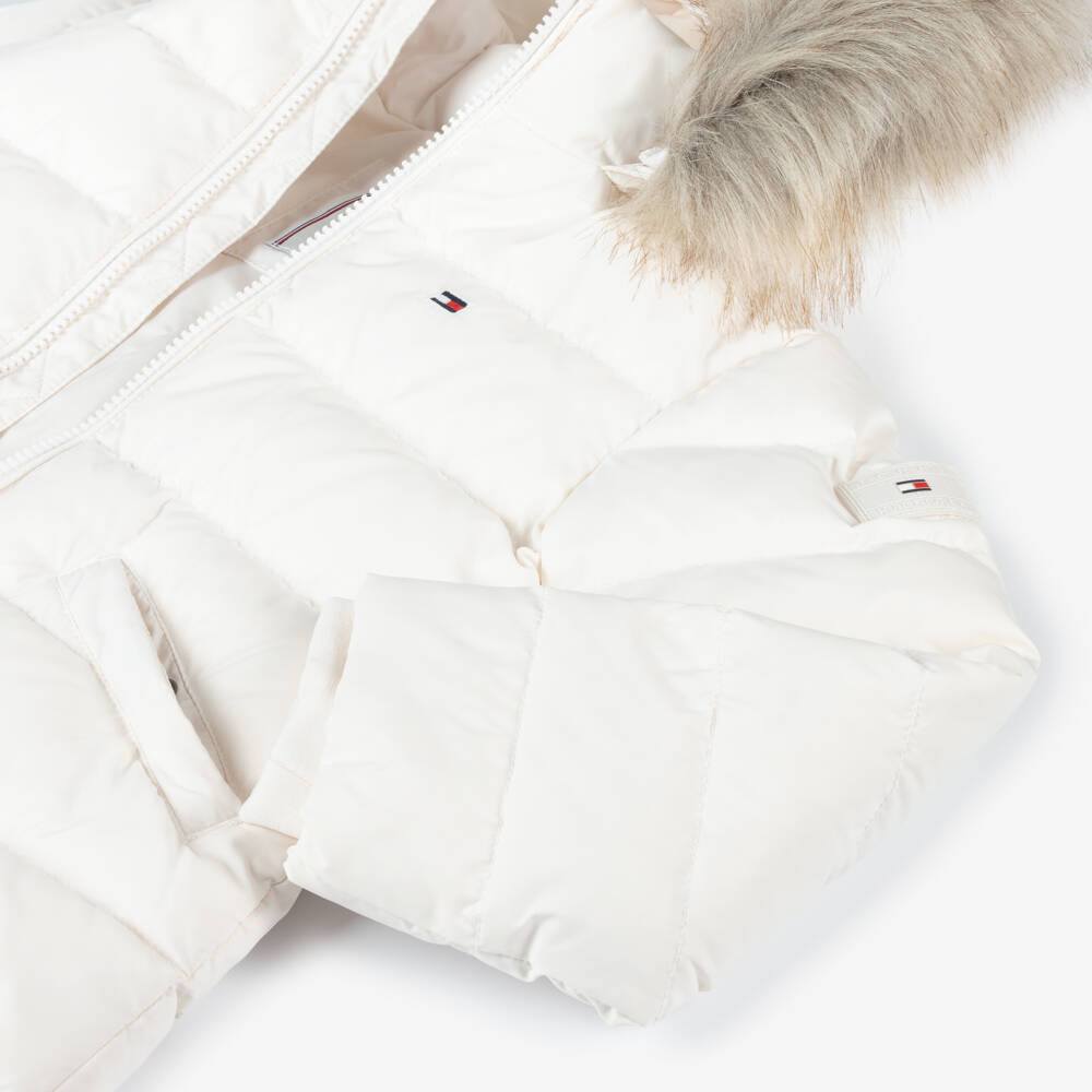 Tommy Hilfiger-Girls Ivory Fur Trim Puffer Coat | Childrensalon Outlet