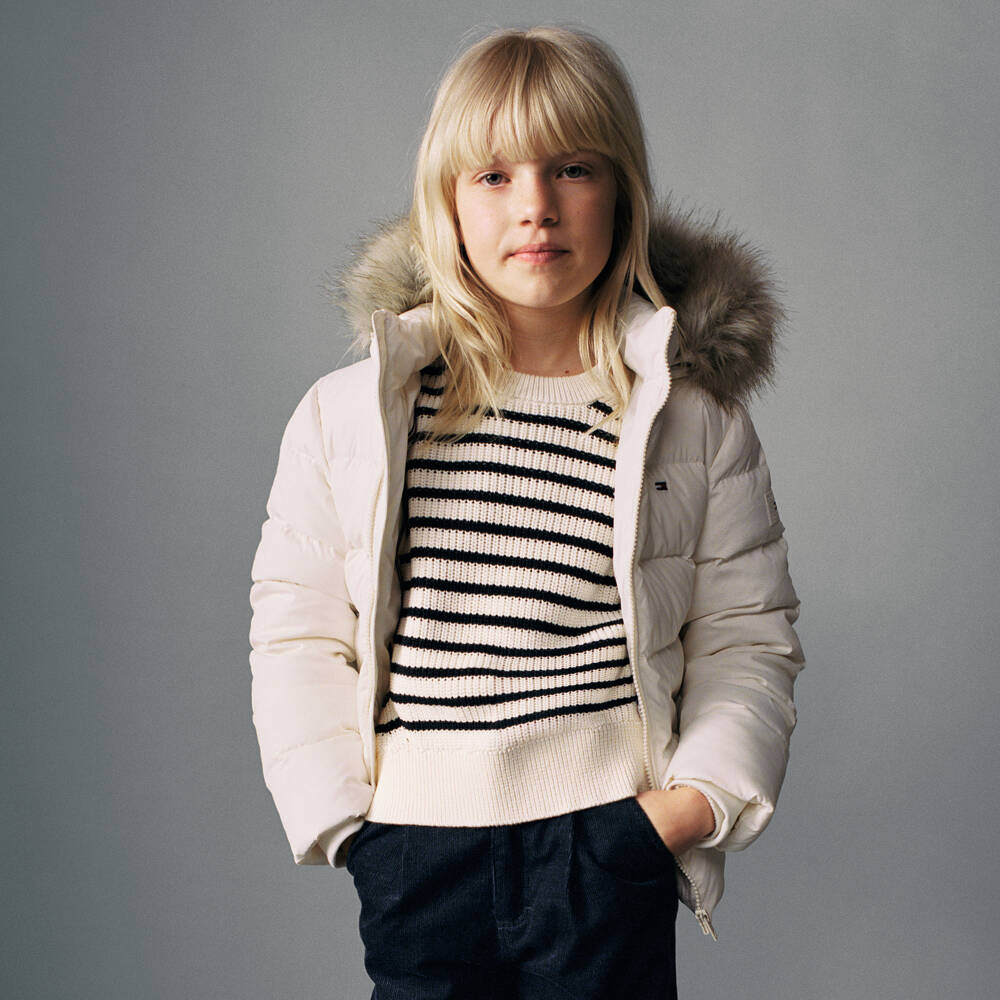 Tommy Hilfiger-Girls Ivory Fur Trim Puffer Coat | Childrensalon Outlet