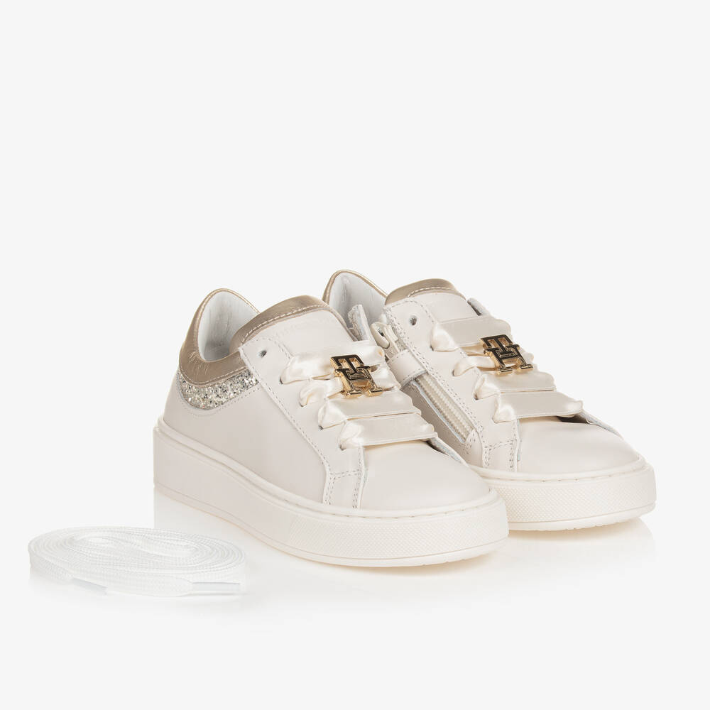 Tommy Hilfiger-Girls Ivory & Gold Leather Trainers | Childrensalon Outlet