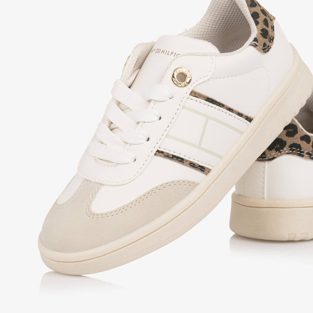 Tommy Hilfiger-Girls Ivory Lace-Up Trainers with Leopard Print Trim | Childrensalon Outlet