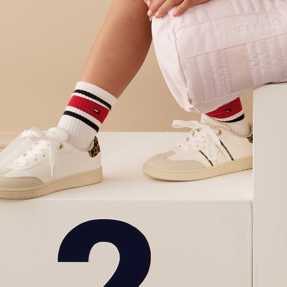 Tommy Hilfiger-Girls Ivory Lace-Up Trainers with Leopard Print Trim | Childrensalon Outlet
