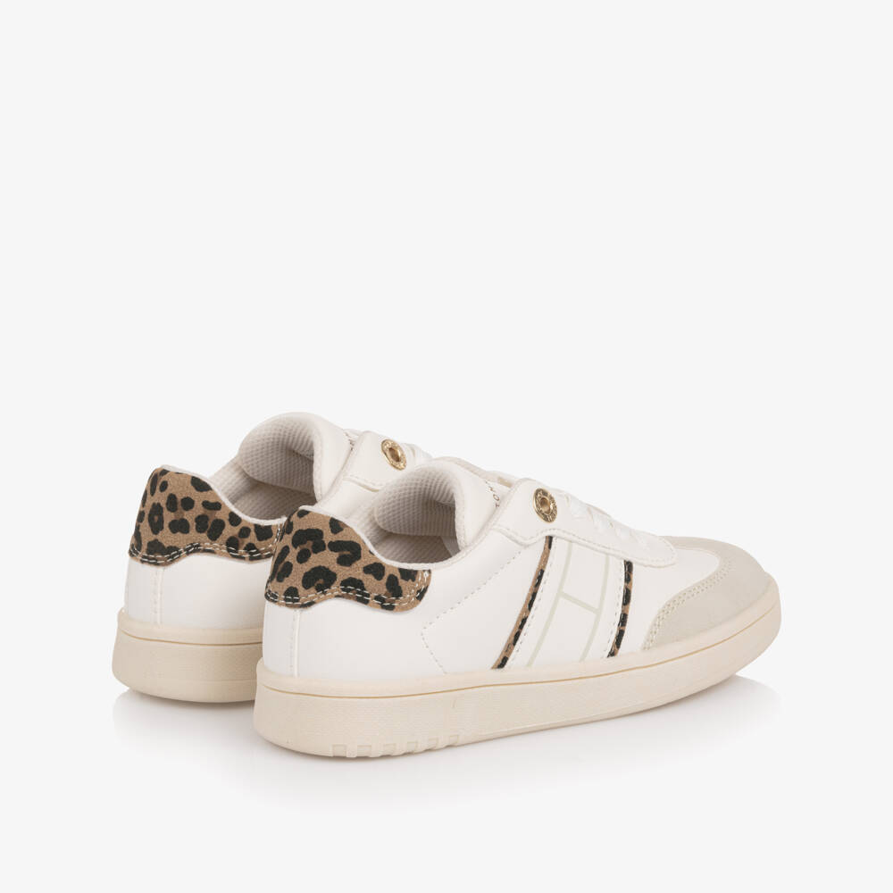 Tommy Hilfiger-Girls Ivory Lace-Up Trainers with Leopard Print Trim | Childrensalon Outlet