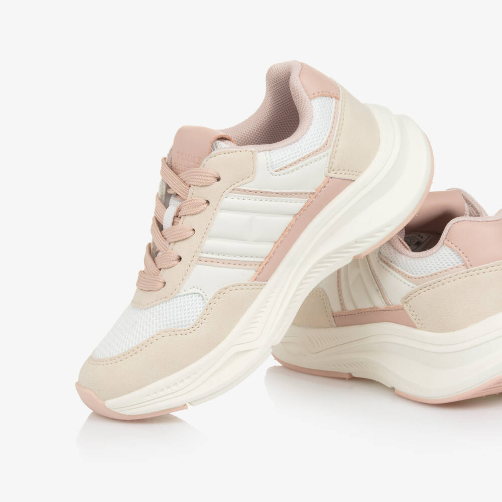 Tommy Hilfiger-Girls Ivory & Pink Faux Leather & Mesh Lace-up Trainers | Childrensalon Outlet