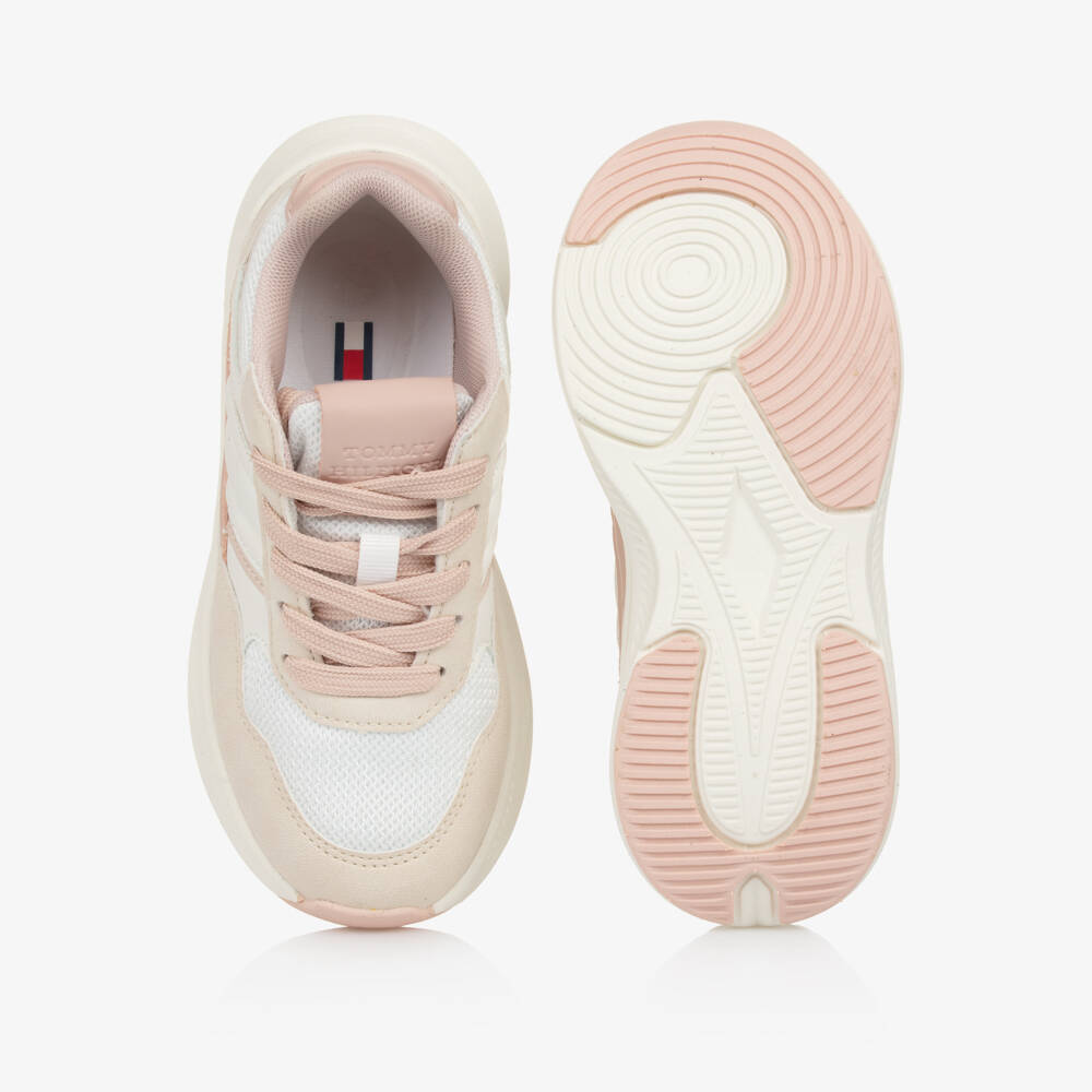 Tommy Hilfiger-Girls Ivory & Pink Faux Leather & Mesh Lace-up Trainers | Childrensalon Outlet