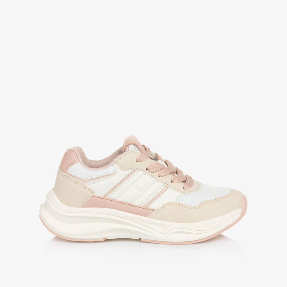 Tommy Hilfiger-Girls Ivory & Pink Faux Leather & Mesh Lace-up Trainers | Childrensalon Outlet
