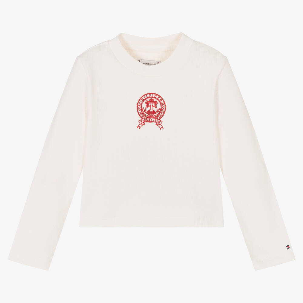 Tommy Hilfiger - Girls Ivory Ribbed Crop Logo Top | Childrensalon