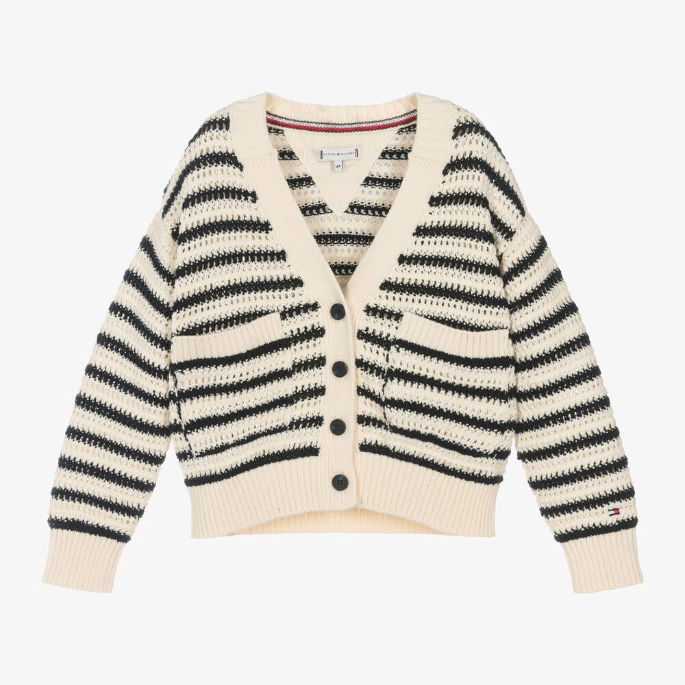 Tommy Hilfiger-Girls Ivory Striped Cotton Knit Cardigan | Childrensalon Outlet