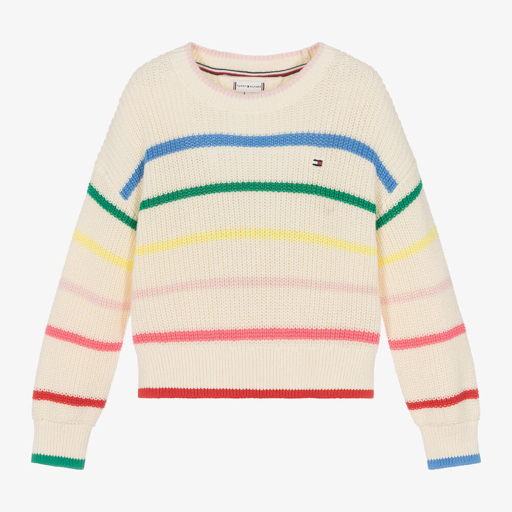 Tommy Hilfiger-Girls Ivory Striped Organic Cotton Sweater | Childrensalon Outlet