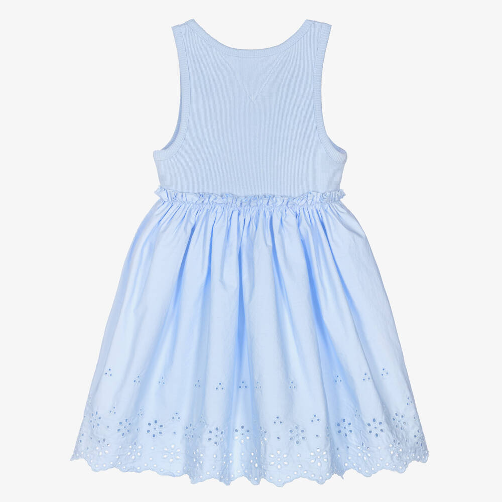 Tommy Hilfiger-Girls Light Blue Cotton Jersey & Broderie Anglaise Dress | Childrensalon Outlet