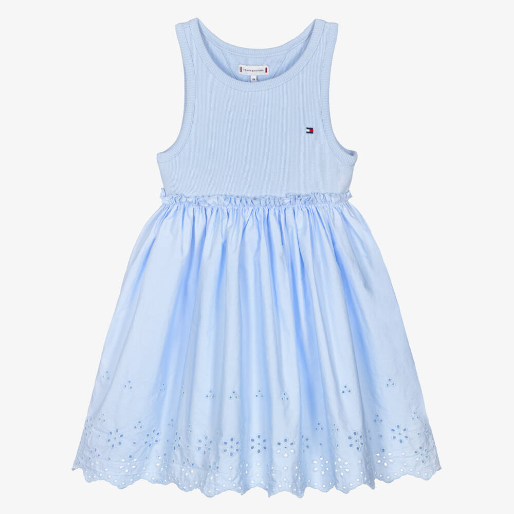 Tommy Hilfiger-Girls Light Blue Cotton Jersey & Broderie Anglaise Dress | Childrensalon Outlet
