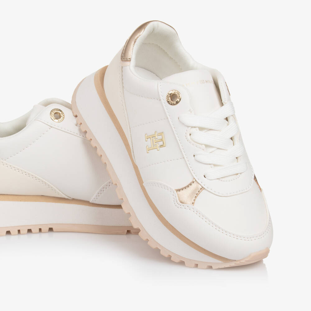 Tommy Hilfiger-Girls Luxe White & Gold Kicks | Childrensalon Outlet
