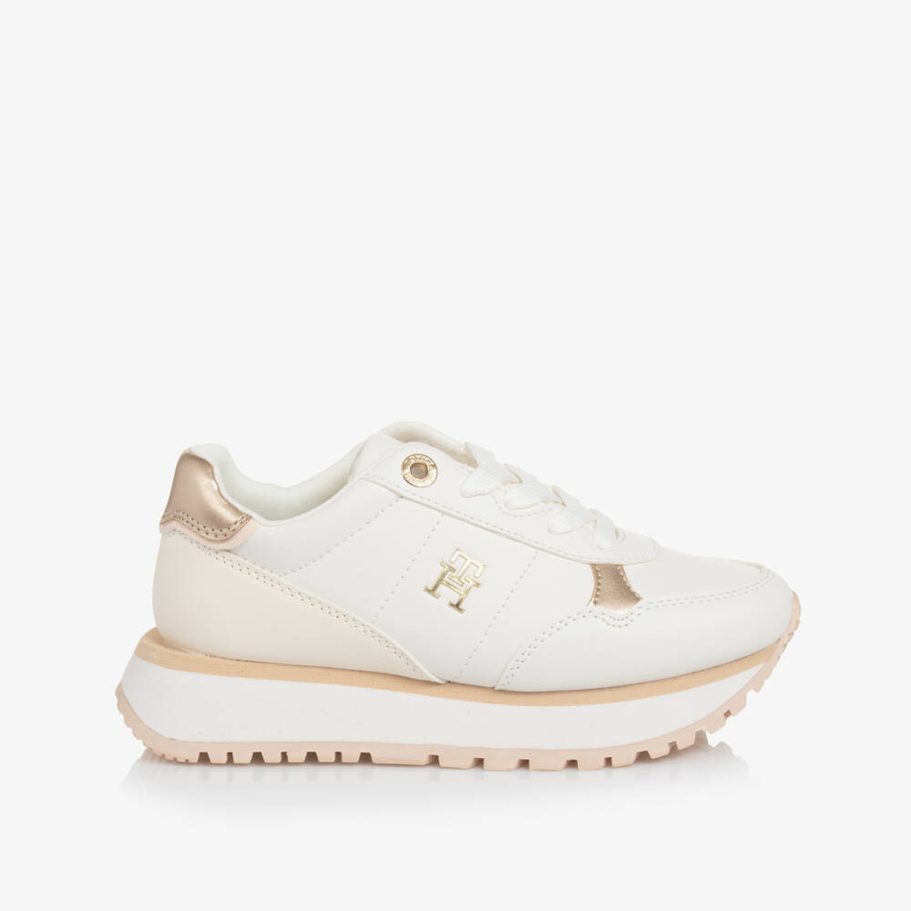 Tommy Hilfiger-Girls Luxe White & Gold Kicks | Childrensalon Outlet
