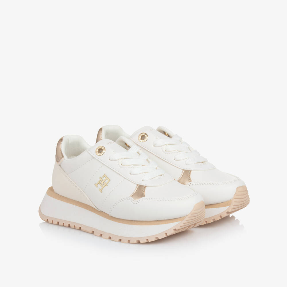 Tommy Hilfiger-Girls Luxe White & Gold Kicks | Childrensalon Outlet