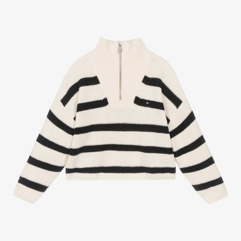 Tommy Hilfiger-بلوفر قطن محبوك لون عاجي وكحلي  | Childrensalon Outlet
