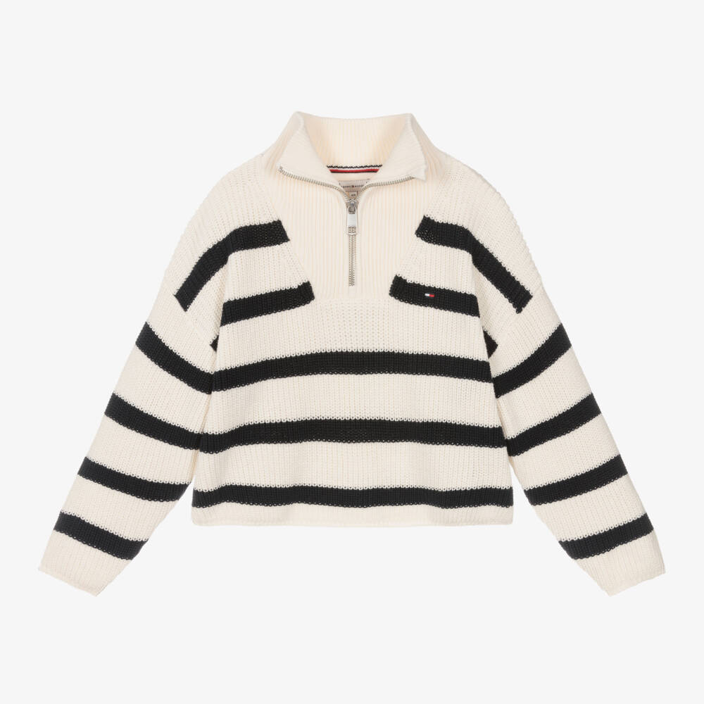 Tommy Hilfiger-Кремово-синий вязаный свитер из хлопка для девочек | Childrensalon Outlet