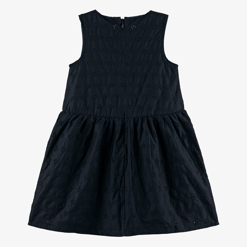 Tommy Hilfiger-Girls Navy Blue Broderie Anglaise Dress | Childrensalon Outlet
