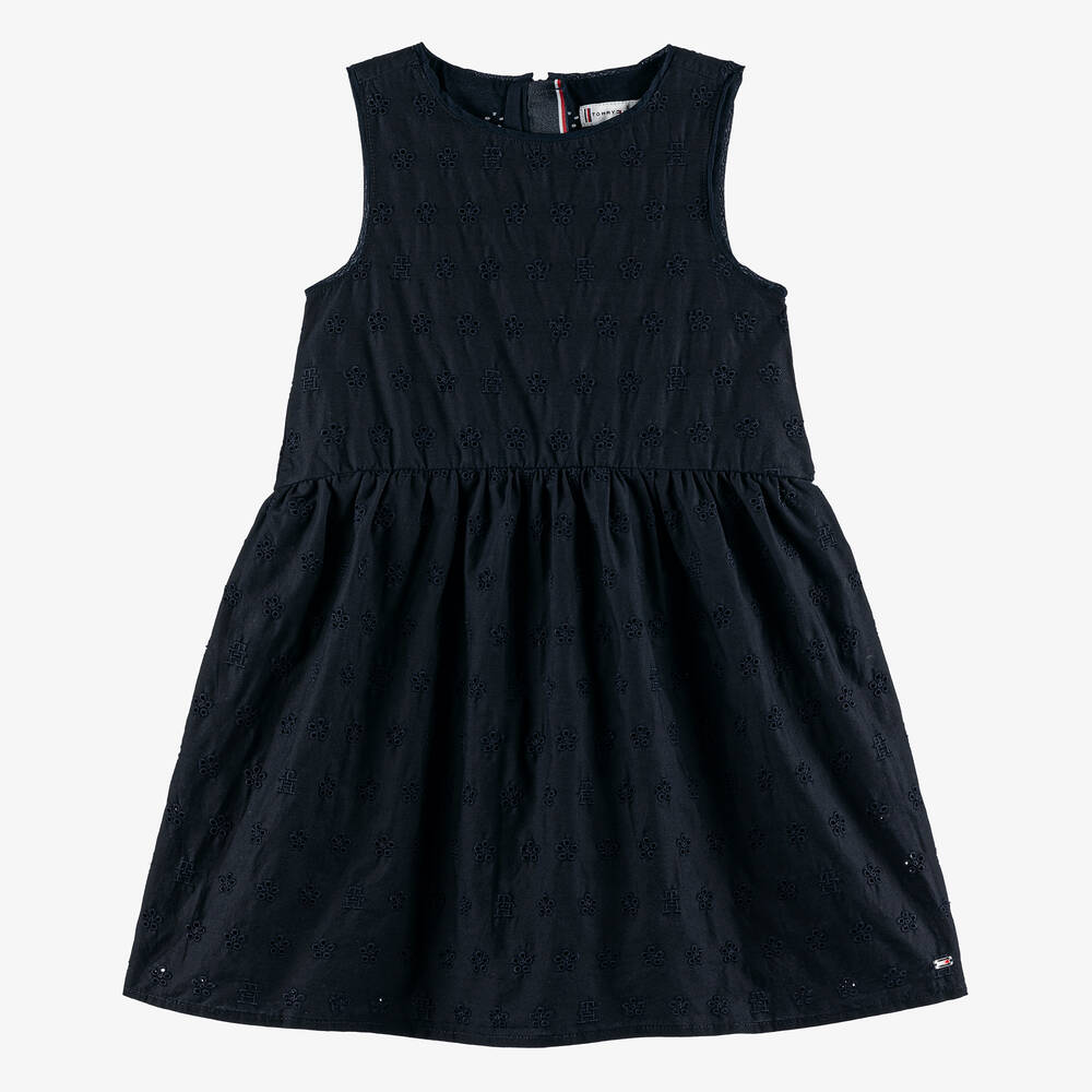 Tommy Hilfiger-Girls Navy Blue Broderie Anglaise Dress | Childrensalon Outlet