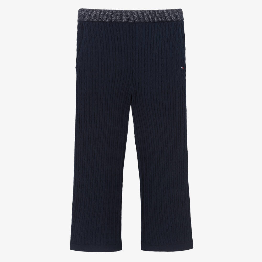 Tommy Hilfiger-Girls Navy Blue Cable Knit Trousers with Glittery Trim | Childrensalon Outlet