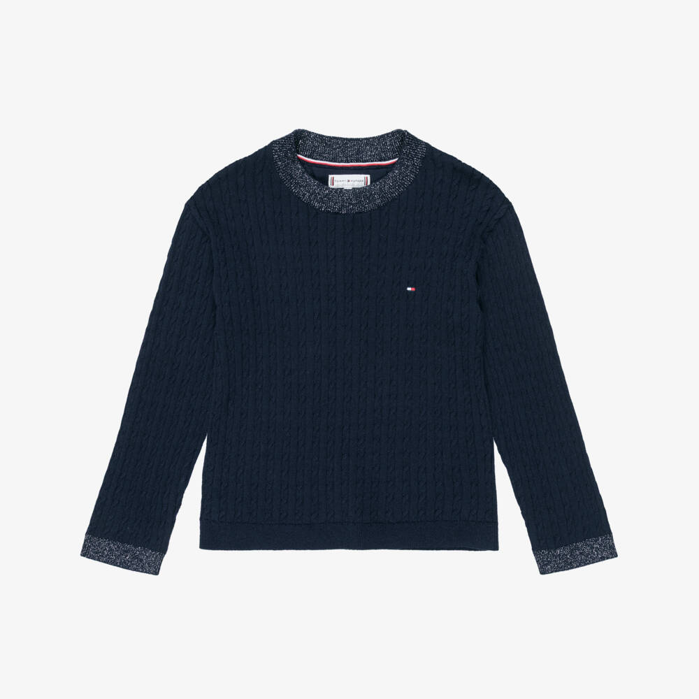Tommy Hilfiger-Girls Navy Blue Cotton Cable Knit Jumper | Childrensalon Outlet