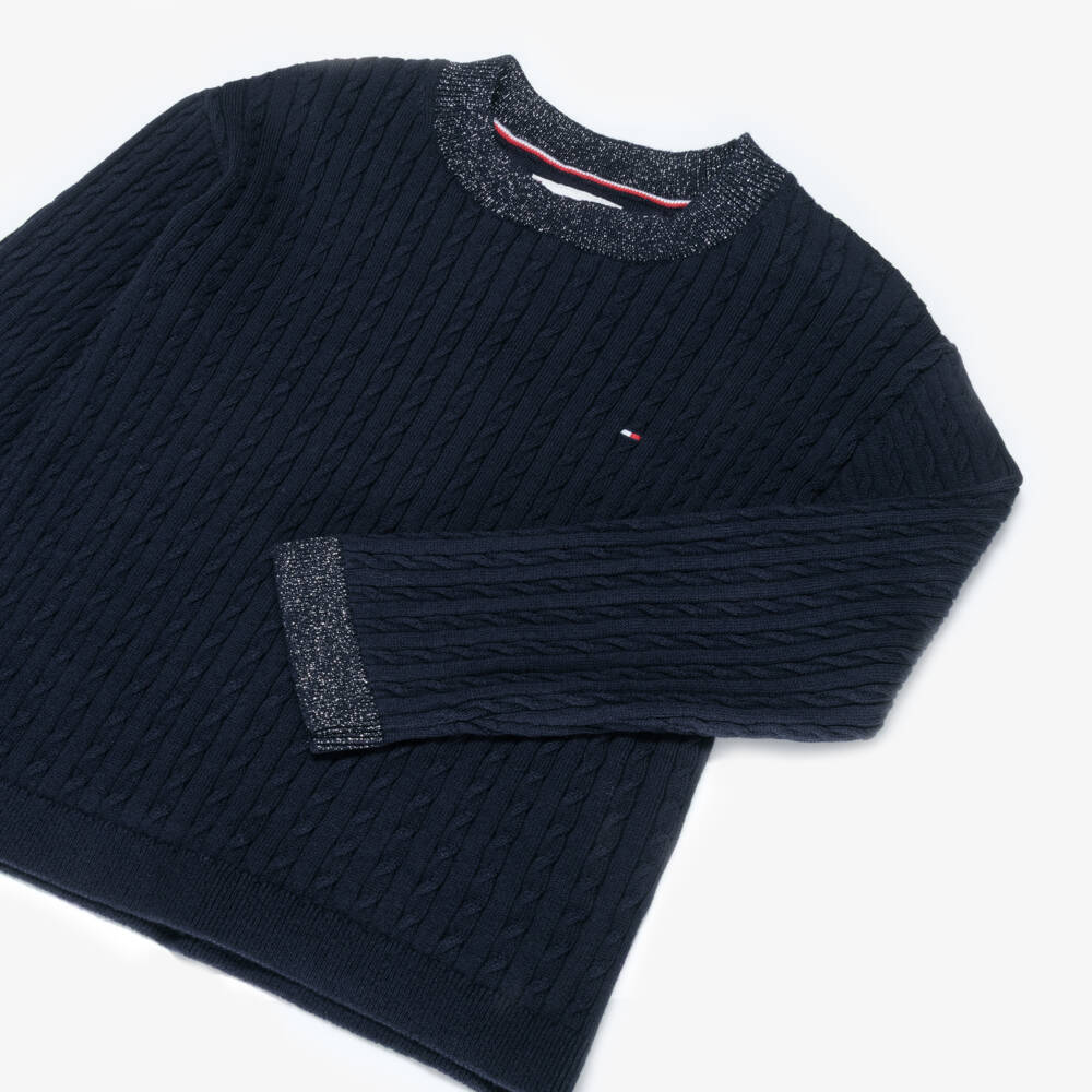Tommy Hilfiger-Girls Navy Blue Cotton Cable Knit Jumper | Childrensalon Outlet