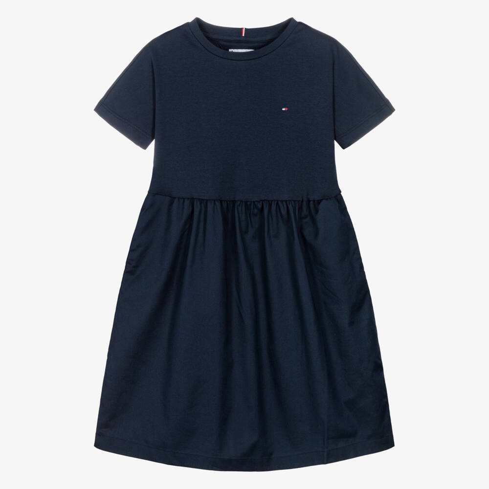 Tommy Hilfiger-Girls Navy Blue Cotton Jersey & Poplin Dress | Childrensalon Outlet