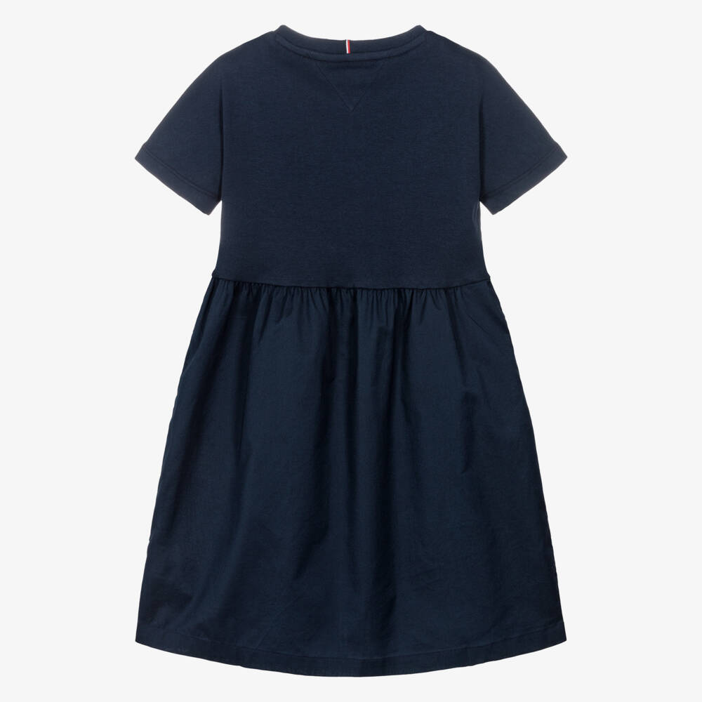 Tommy Hilfiger-Girls Navy Blue Cotton Jersey & Poplin Dress | Childrensalon Outlet